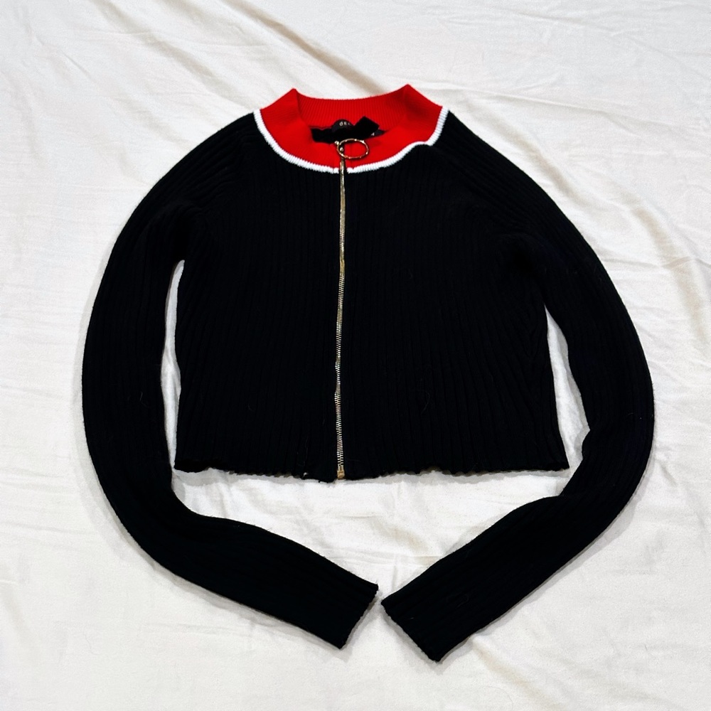 QED London Junior Medium Long Sleeve Black Red White Zippered Cardigan Sweater